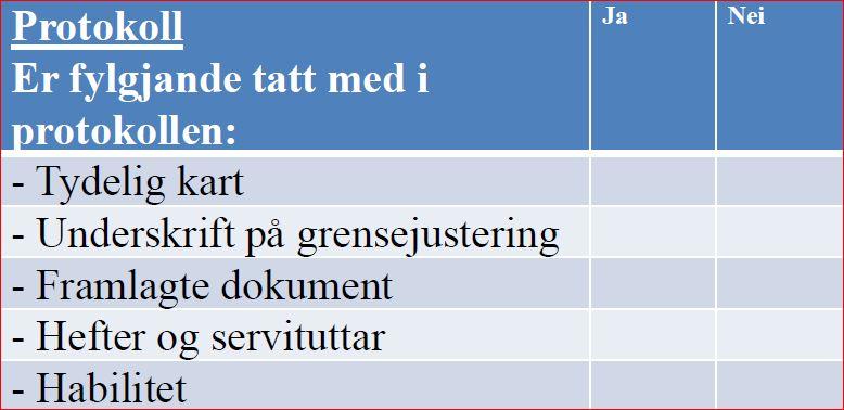 Eksempel: forskriftskrav og sjekkliste Krav i matrikkelforskriften 38 andre ledd første punktum: Protokollen skal inneholde et