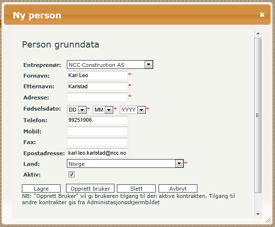 Del II - For Statens vegvesen 34 Klikk på knappen Opprett bruker vil forsøke å generere et brukernavn ut fra fornavn og etternavn på personen.