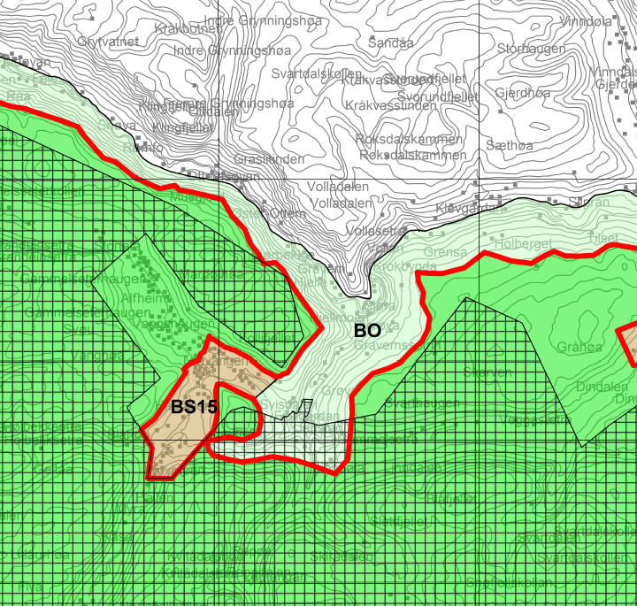 Grødalen Dette området vart foreslått som buffersone (BS) ved andre gangs offentlege ettersyn, etter tilråding frå styringsgruppa (område vest for BS15 i kart nedanfor).