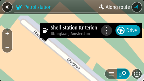 Du kan få opp en liste over bensinstasjoner på skjermen ved å trykke på denne knappen: Du kan velge en bensinstasjon fra listen for å vise den på kartet.