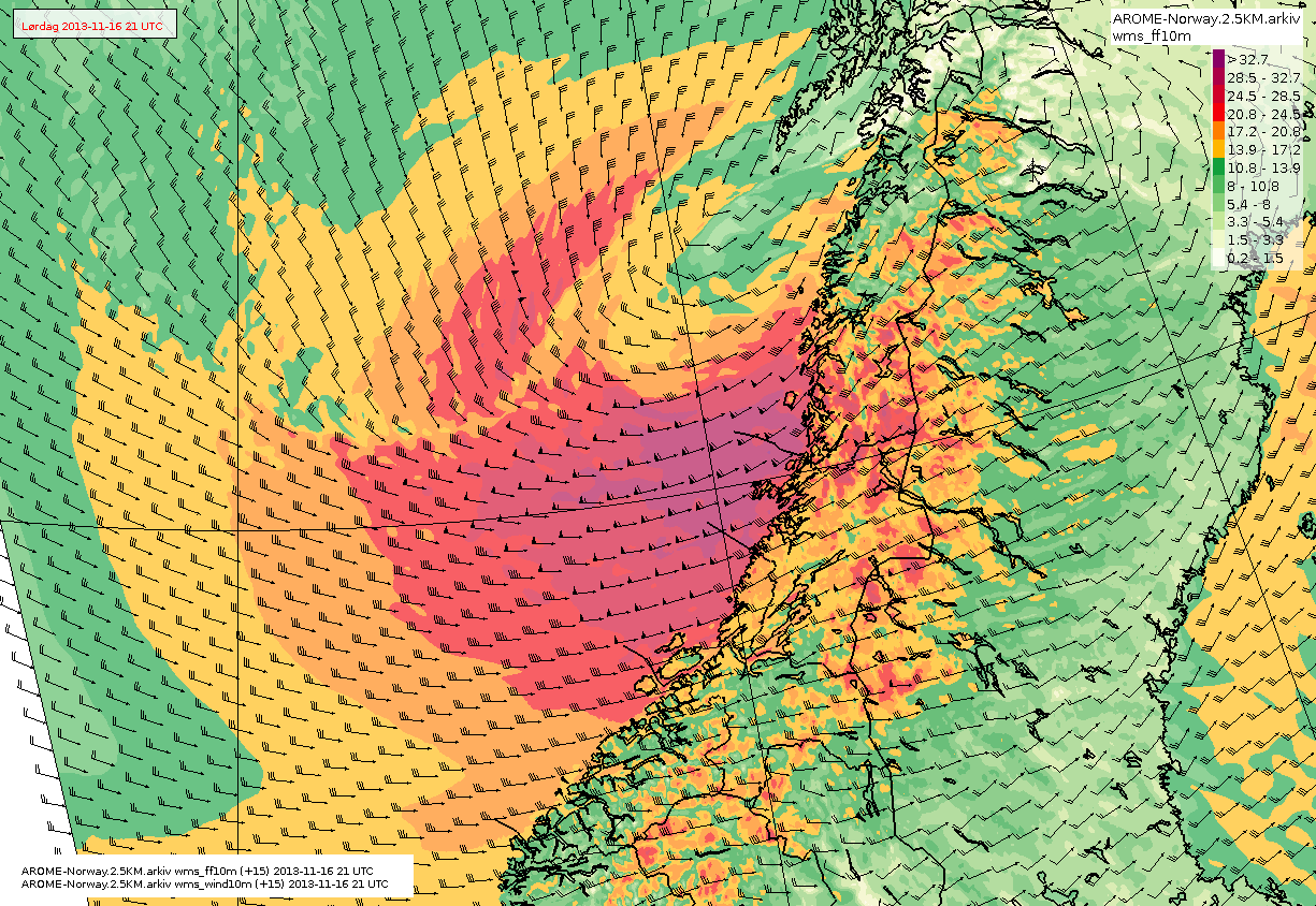 Figur 5: Vêrsituasjonen laurdag 16.11.13 kl. 21 UTC.