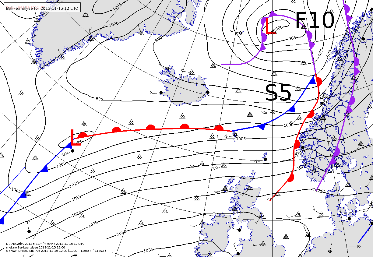 1.2 Lang skildring Fredag 15. november kl. 12 låg eit lågtrykk sørvest for Island (figur 2).