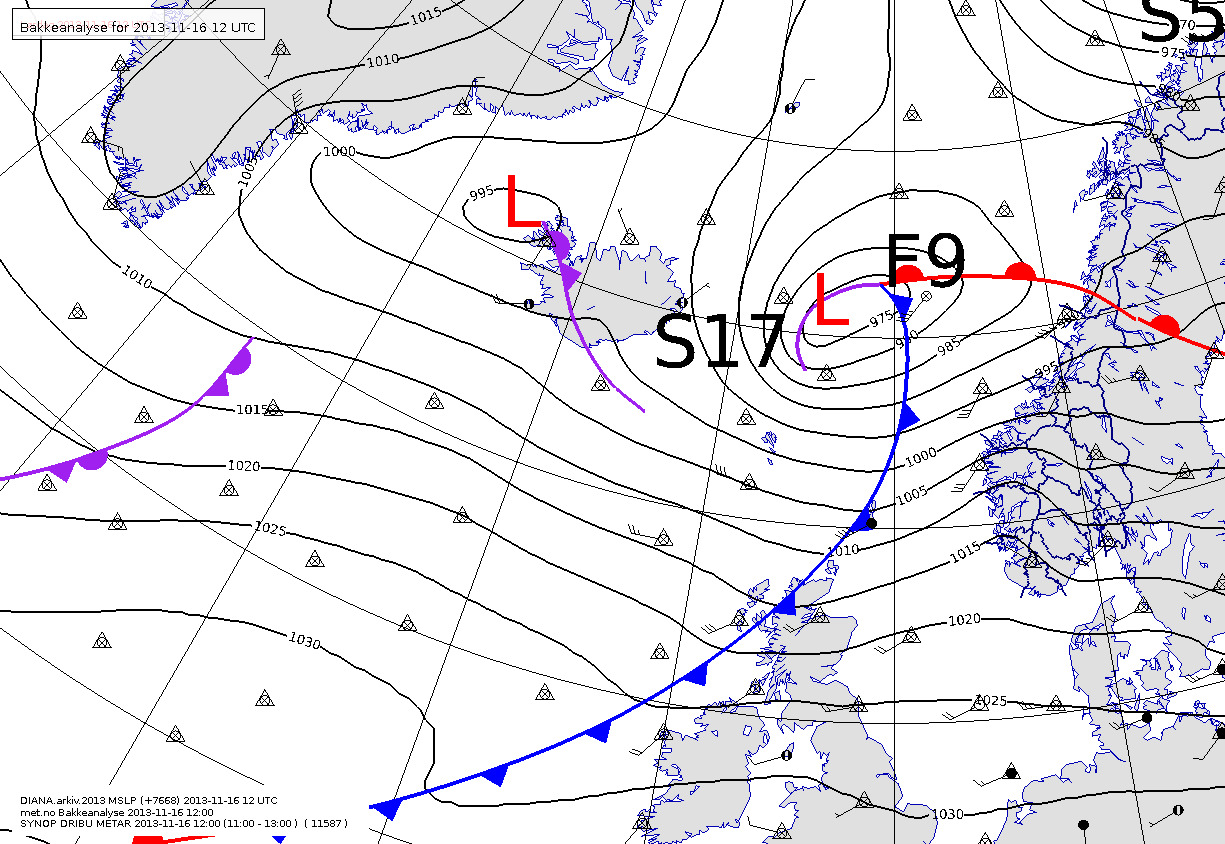 Figur 3: Vêrsituasjonen laurdag 16.11.13 kl. 03 UTC.