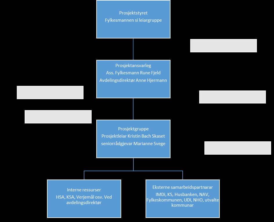 Vi viser til prosjektplanen for ei nærare skildring av prosjektorganisasjonen. 4.1 Intern organisering Prosjektet hos Fylkesmannen er knytt til utdanningsavdelinga.