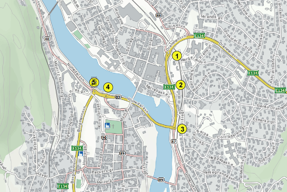 Sildetomta Trafikkanalyse Side 36 6.8 Trafikkgrunnlag for beregning av trafikkavvikling Kryssbelastning Kryssbelastningen er vurdert i 5 kryss langs E134 gjennom Kongsberg.