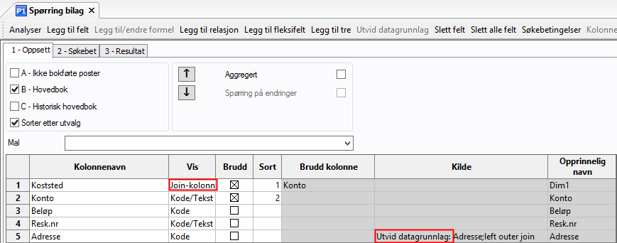 1 - Oppsett Slett alle felt, og velg kolonner Flytt kolonner opp/ned ved å markere raden, og klikke på pilene lenger opp i bildet Sett på brudd og sorter Velg