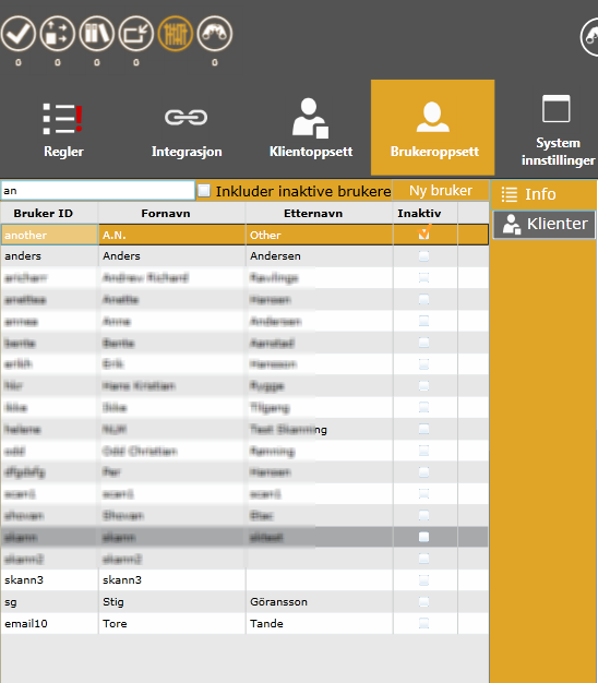Brukeroppsett Du kan opprette nye brukere og endre på eller deaktivere brukere også ved å gå rett på fanen Brukeroppsett.
