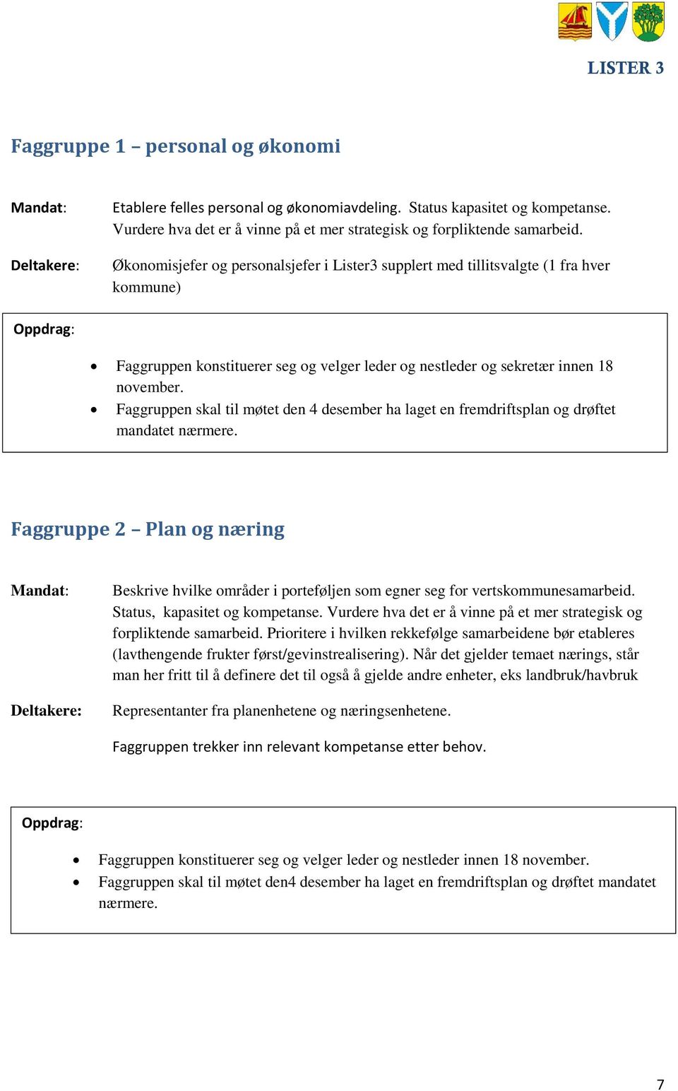 Økonomisjefer og personalsjefer i Lister3 supplert med tillitsvalgte (1 fra hver kommune) Faggruppen konstituerer seg og velger leder og nestleder og sekretær innen 18 november.