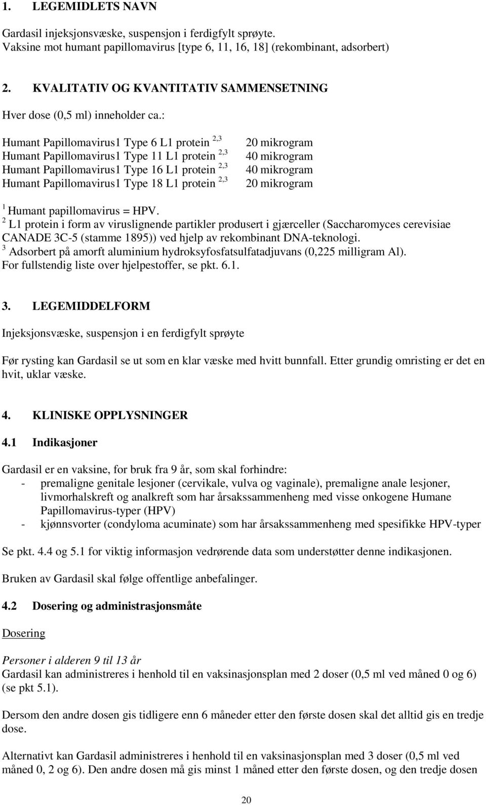 : Humant Papillomavirus1 Type 6 L1 protein 2,3 Humant Papillomavirus1 Type 11 L1 protein 2,3 Humant Papillomavirus1 Type 16 L1 protein 2,3 Humant Papillomavirus1 Type 18 L1 protein 2,3 20 mikrogram