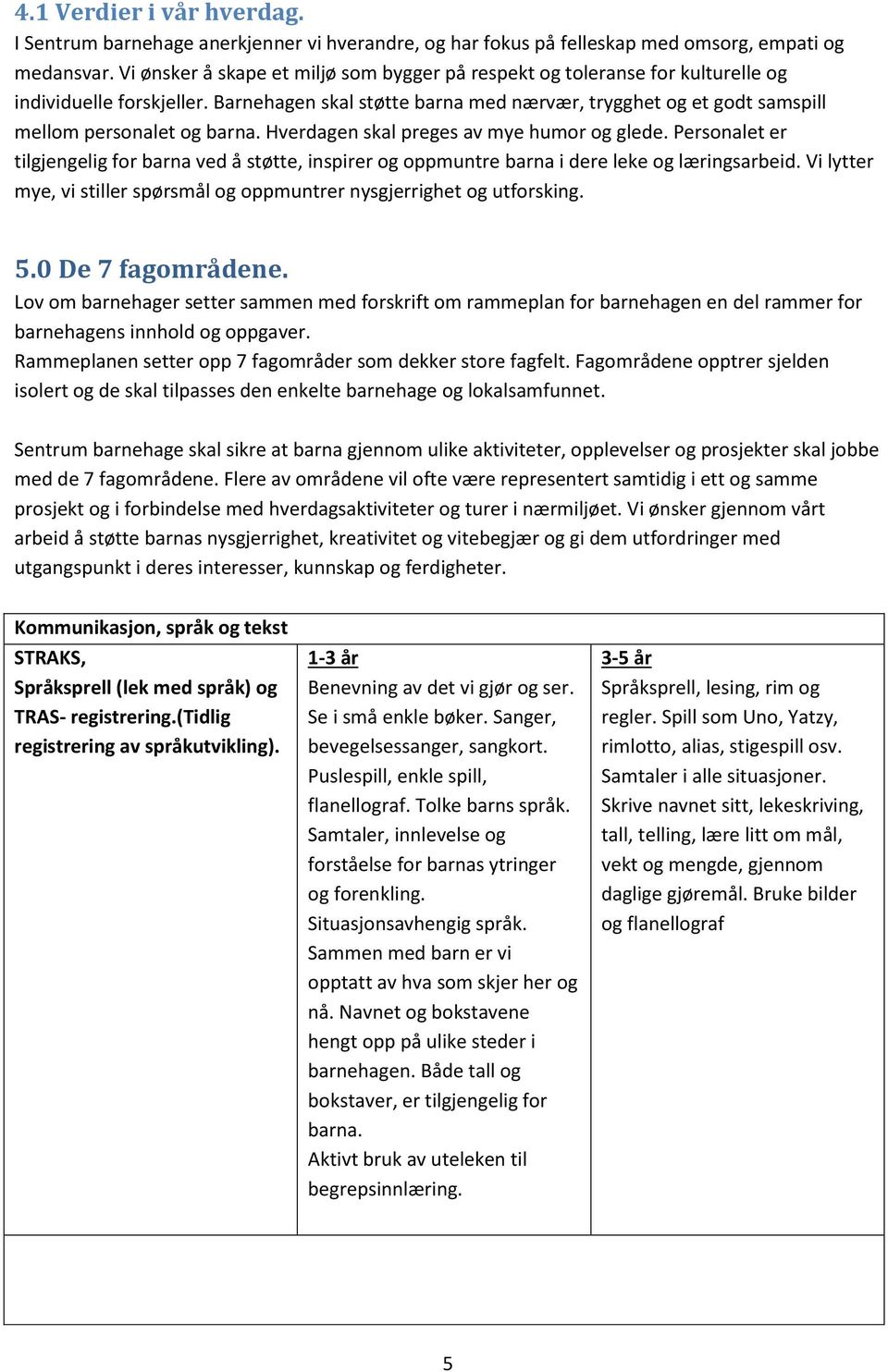 Barnehagen skal støtte barna med nærvær, trygghet og et godt samspill mellom personalet og barna. Hverdagen skal preges av mye humor og glede.