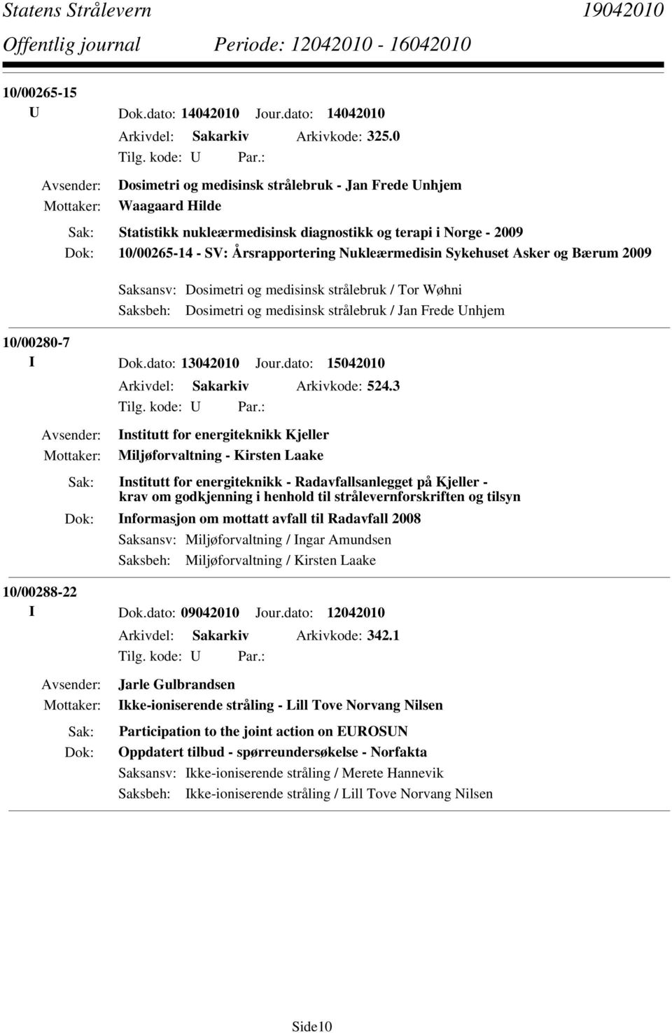 og Bærum 2009 Saksansv: Dosimetri og medisinsk strålebruk / Tor Wøhni Saksbeh: Dosimetri og medisinsk strålebruk / Jan Frede Unhjem 10/00280-7 I Dok.dato: 13042010 Jour.