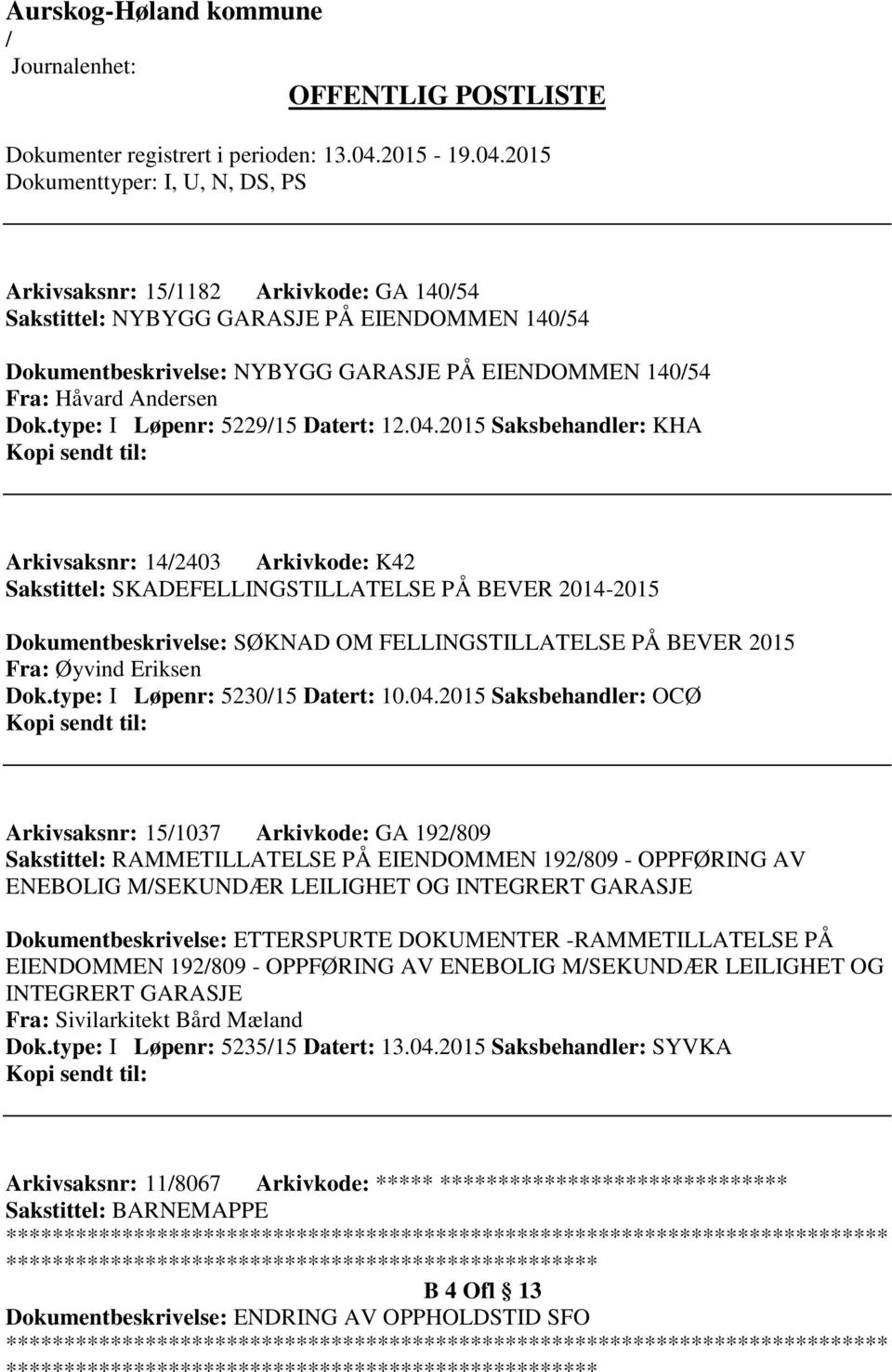 2015 Saksbehandler: KHA Arkivsaksnr: 142403 Arkivkode: K42 Sakstittel: SKADEFELLINGSTILLATELSE PÅ BEVER 2014-2015 Dokumentbeskrivelse: SØKNAD OM FELLINGSTILLATELSE PÅ BEVER 2015 Fra: Øyvind Eriksen