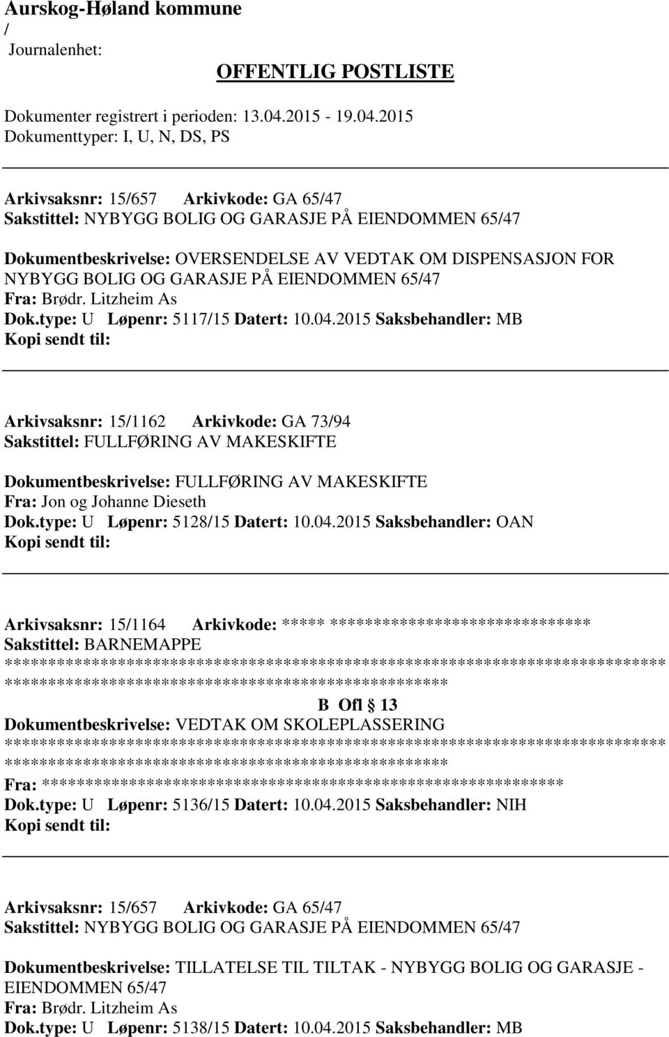 2015 Saksbehandler: MB Arkivsaksnr: 151162 Arkivkode: GA 7394 Sakstittel: FULLFØRING AV MAKESKIFTE Dokumentbeskrivelse: FULLFØRING AV MAKESKIFTE Fra: Jon og Johanne Dieseth Dok.