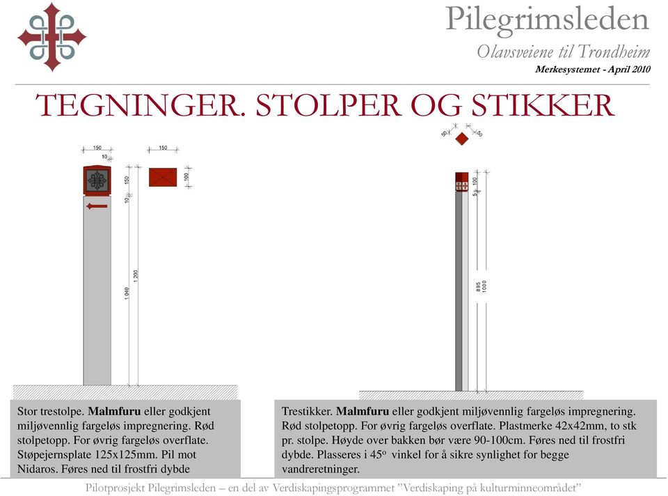 For øvrig fargeløs overflate. Plastmerke 42x42mm, to stk stolpetopp. pp For øvrig fargeløs overflate. pr. stolpe. Høyde over bakken bør være 90-100cm.