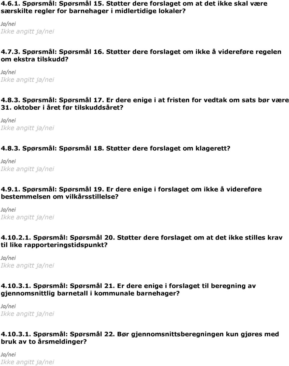 Støtter dere forslaget om klagerett? 4.9.1. Spørsmål: Spørsmål 19. Er dere enige i forslaget om ikke å videreføre bestemmelsen om vilkårsstillelse? 4.10.2.1. Spørsmål: Spørsmål 20.