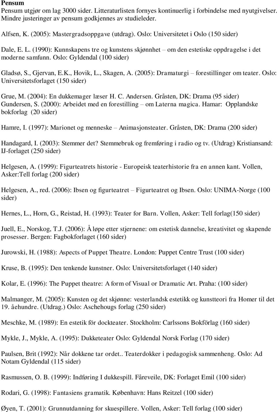 Oslo: Gyldendal (100 sider) Gladsø, S., Gjervan, E.K., Hovik, L., Skagen, A. (2005): Dramaturgi forestillinger om teater. Oslo: Universitetsforlaget (150 sider) Grue, M. (2004): En dukkemager læser H.