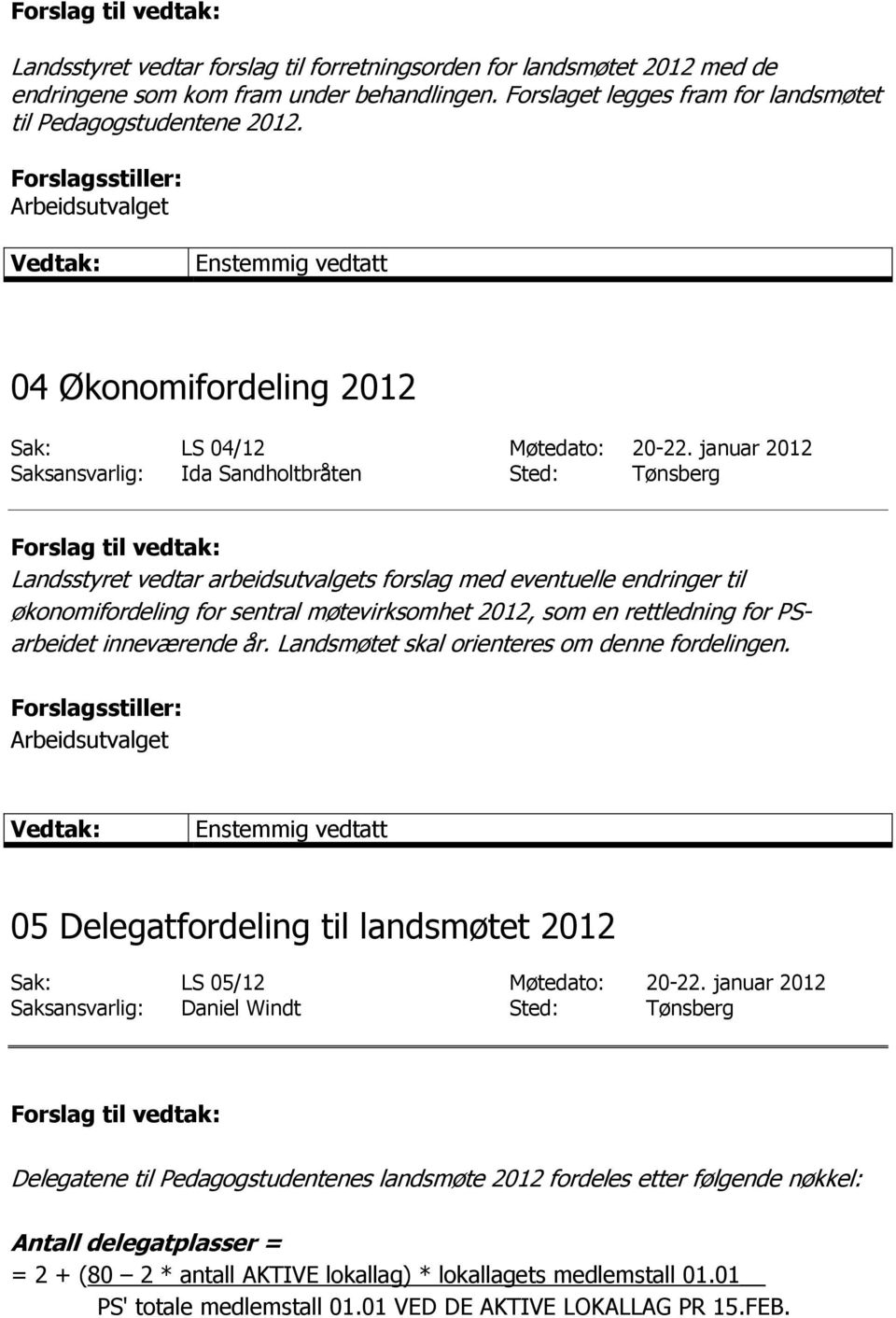 januar 2012 Saksansvarlig: Ida Sandholtbråten Sted: Tønsberg Landsstyret vedtar arbeidsutvalgets forslag med eventuelle endringer til økonomifordeling for sentral møtevirksomhet 2012, som en