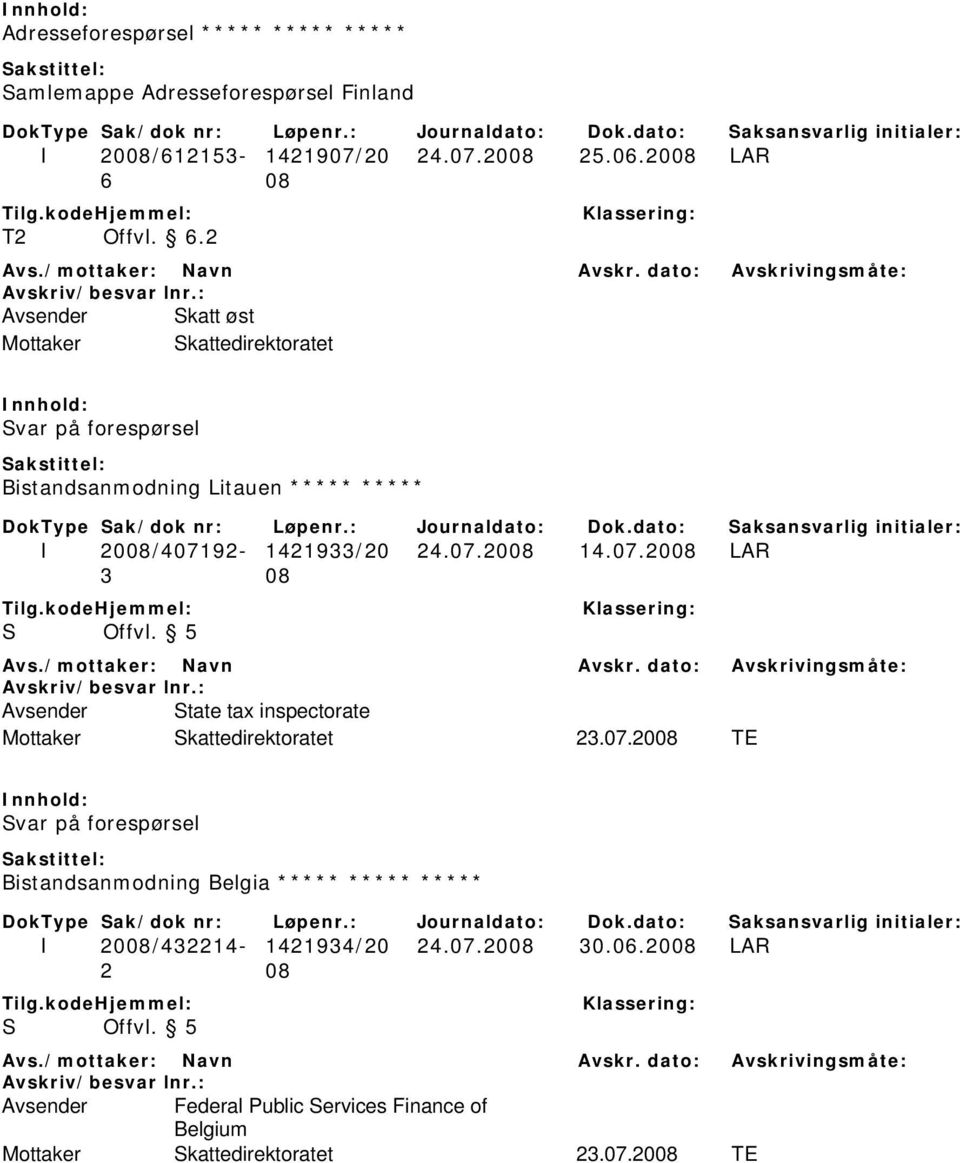 07.2008 LAR S Offvl. 5 Avsender State tax inspectorate Skattedirektoratet 23.07.2008 TE Svar på forespørsel Bistandsanmodning Belgia ***** ***** ***** I 2008/432214-1421934/20 24.