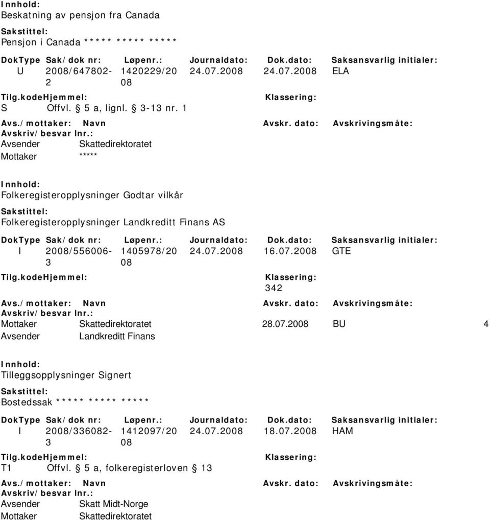 2008 16.07.2008 GTE 342 Skattedirektoratet 28.07.2008 BU 4 Avsender Landkreditt Finans Tilleggsopplysninger Signert Bostedssak ***** ***** ***** I 2008/336082-1412097/20 24.
