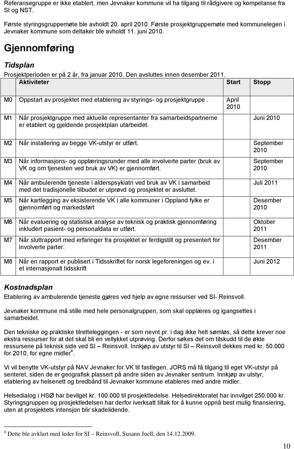 Den avsluttes innen desember 2011. Aktiviteter Start Stopp M0 Oppstart av prosjektet med etablering av styrings- og prosjektgruppe.