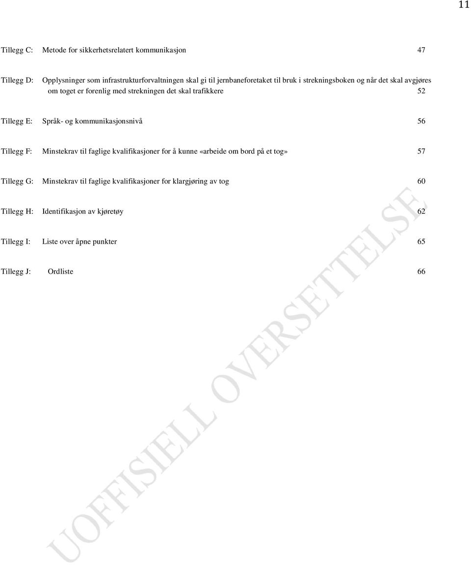 Språk- og kommunikasjonsnivå 56 Tillegg F: Minstekrav til faglige kvalifikasjoner for å kunne «arbeide om bord på et tog» 57 Tillegg G: