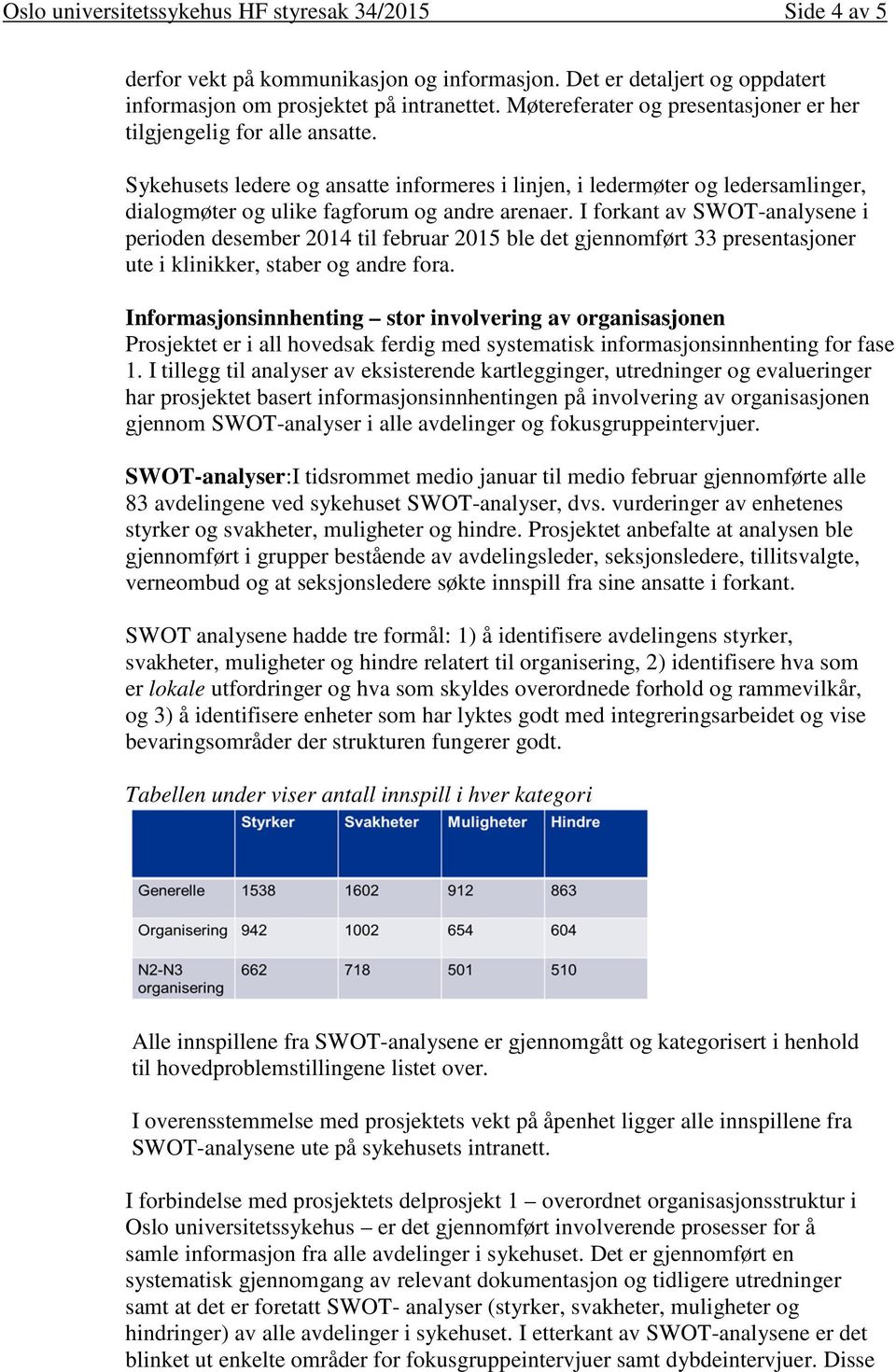 I forkant av SWOT-analysene i perioden desember 2014 til februar 2015 ble det gjennomført 33 presentasjoner ute i klinikker, staber og andre fora.