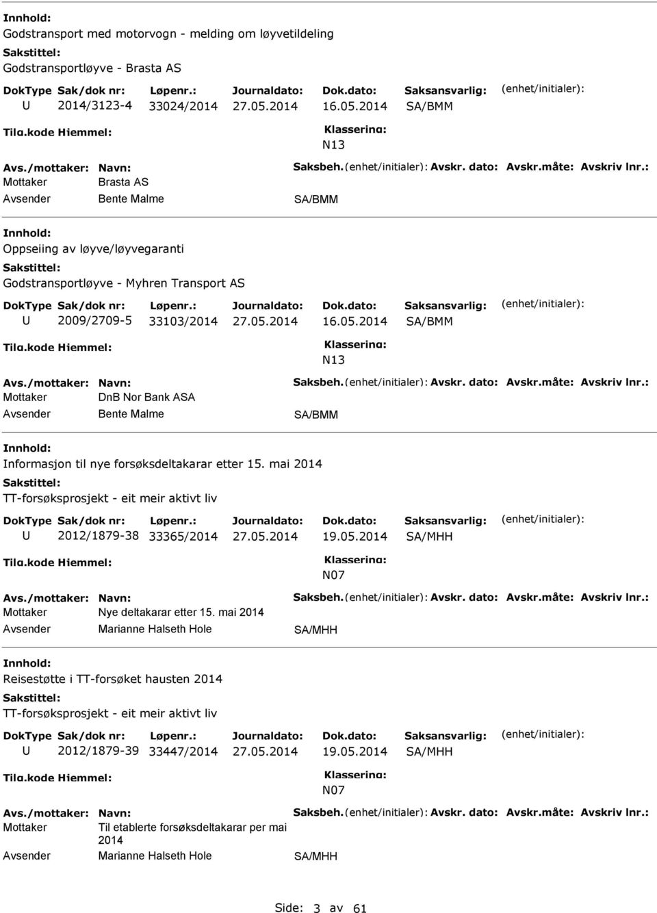 /mottaker: Navn: Saksbeh. Avskr. dato: Avskr.måte: Avskriv lnr.: Mottaker DnB Nor Bank ASA Bente Malme SA/BMM nnhold: nformasjon til nye forsøksdeltakarar etter 15.