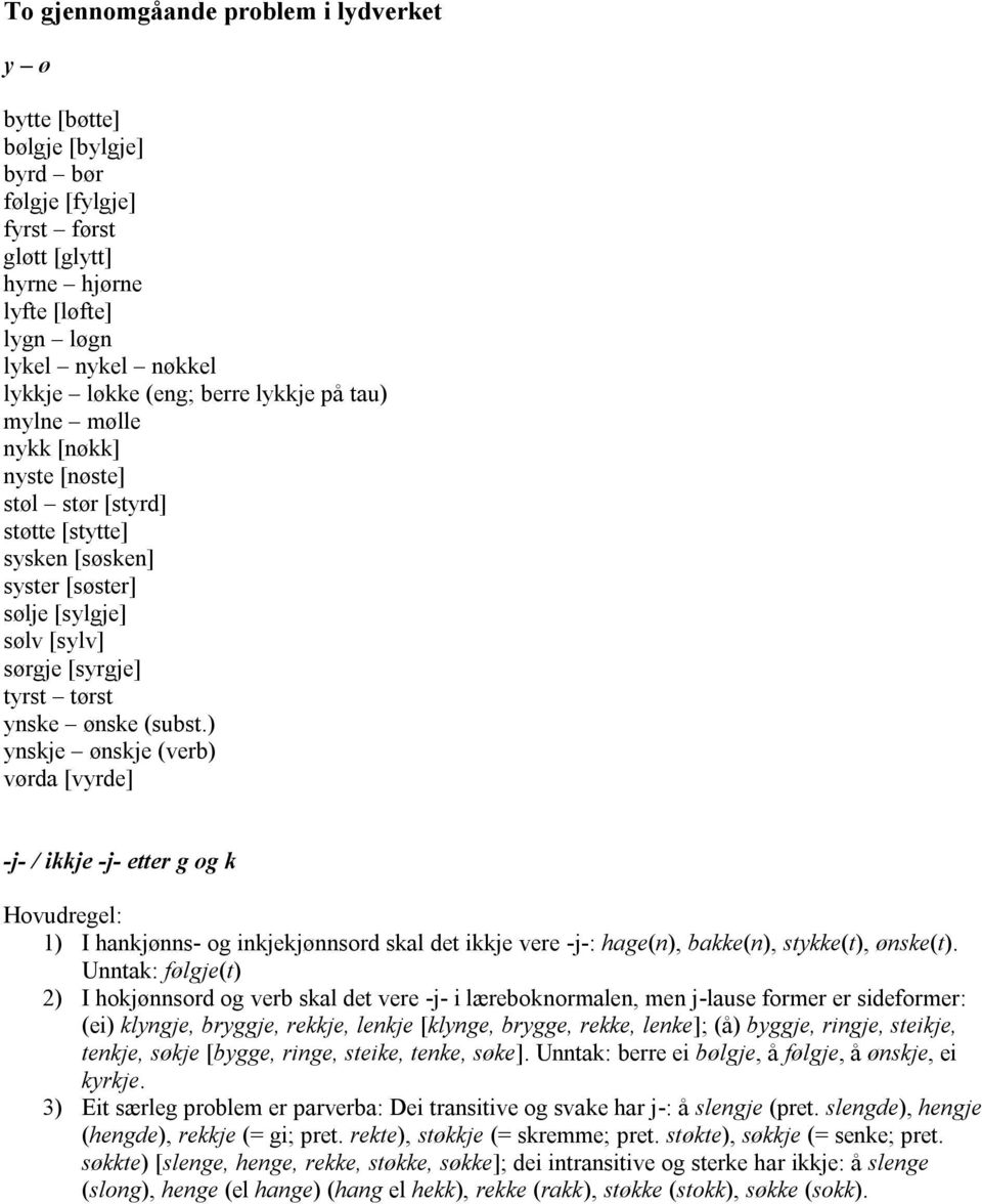 ) ynskje ønskje (verb) vørda [vyrde] -j- / ikkje -j- etter g og k Hovudregel: 1) I hankjønns- og inkjekjønnsord skal det ikkje vere -j-: hage(n), bakke(n), stykke(t), ønske(t).