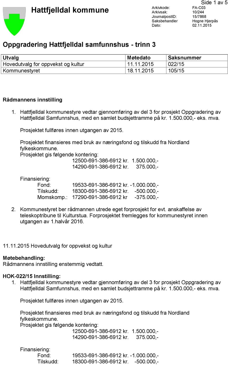 Hattfjelldal kommunestyre vedtar gjennomføring av del 3 for prosjekt Oppgradering av Hattfjelldal Samfunnshus, med en samlet budsjettramme på kr. 1.500.000,- eks. mva.