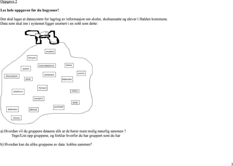 Data som skal inn i systemet ligger usortert i en sekk som dette: a) Hvordan vil du gruppere dataene slik