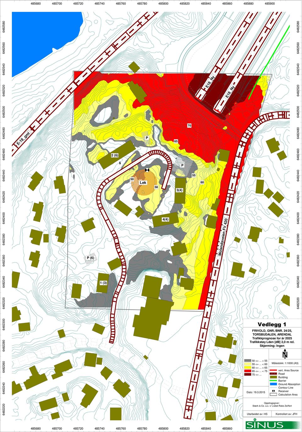 6482580 6482580 6482280 Vedlegg 1 FRIVOLD, GNR./BNR. 24/25, TORSBUDALEN, ARENDAL Trafikkprognose for år 2025 Trafikkstøy Lden [db] 2,0 m rel. Skjerming: Ingen 6482300 6482280 6482260 6482240 50 <=.