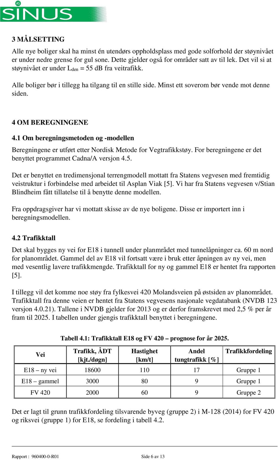 1 Om beregningsmetoden og -modellen Beregningene er utført etter Nordisk Metode for Vegtrafikkstøy. For beregningene er det benyttet programmet Cadna/A versjon 4.5.