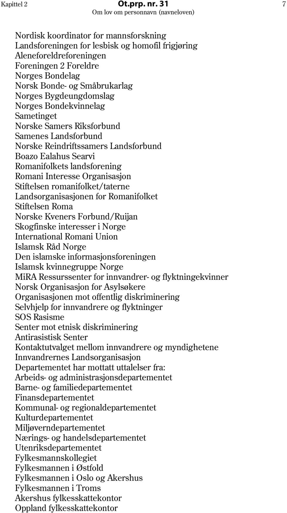 Bygdeungdomslag Norges Bondekvinnelag Sametinget Norske Samers Riksforbund Samenes Landsforbund Norske Reindriftssamers Landsforbund Boazo Ealahus Searvi Romanifolkets landsforening Romani Interesse