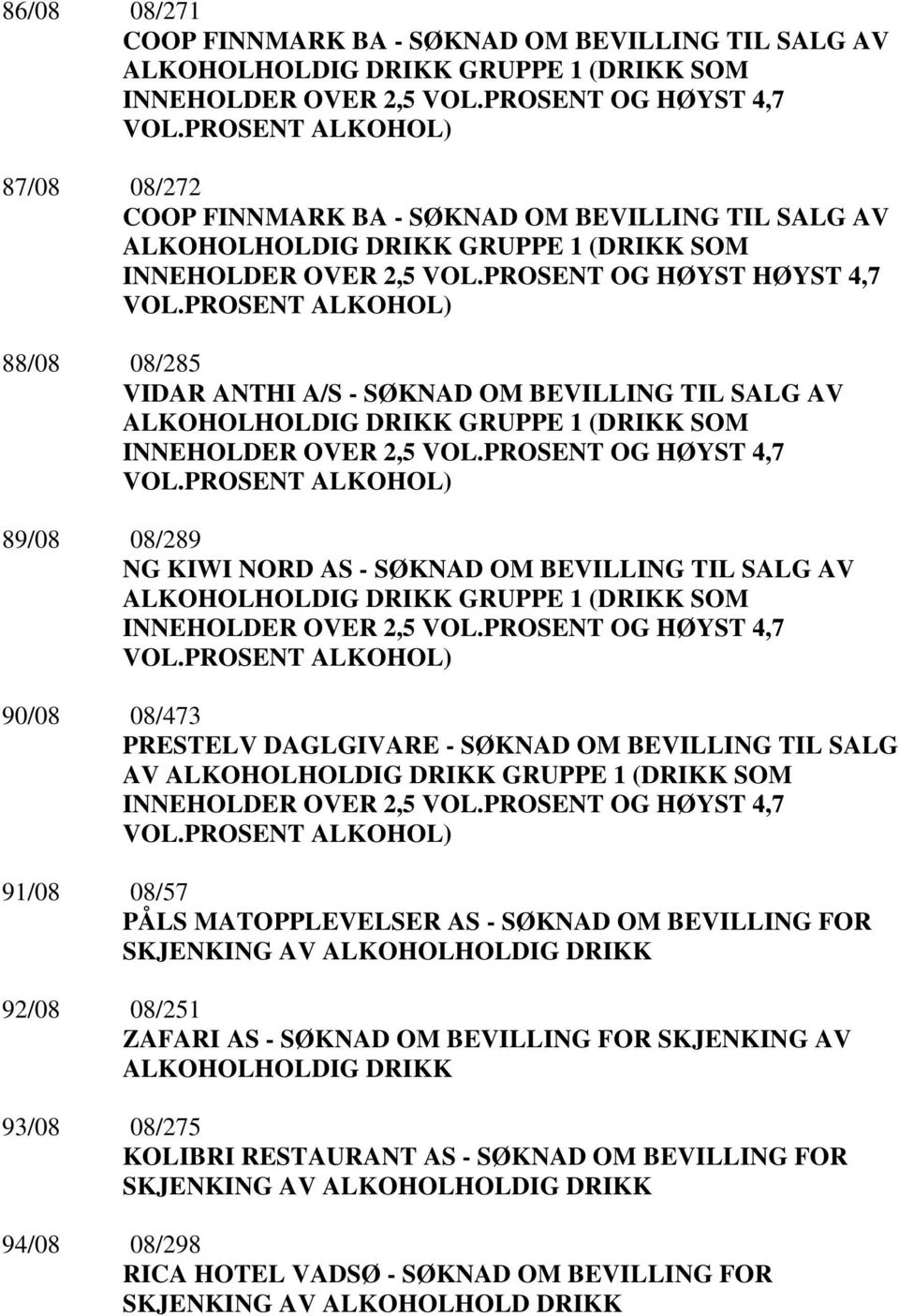 PROSENT ALKOHOL) 88/08 08/285 VIDAR ANTHI A/S - SØKNAD OM BEVILLING TIL SALG AV ALKOHOLHOLDIG DRIKK GRUPPE 1 (DRIKK SOM INNEHOLDER OVER 2,5 VOL.PROSENT OG HØYST 4,7 VOL.