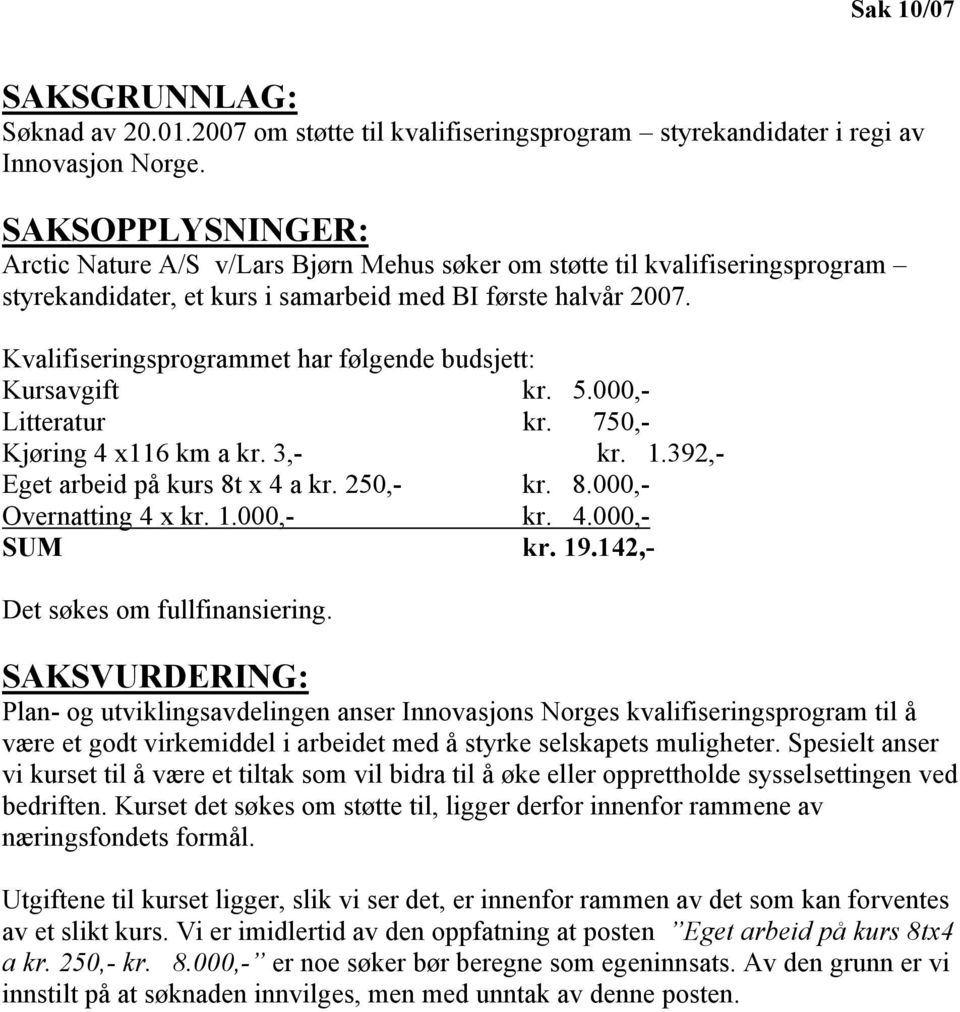 Kvalifiseringsprogrammet har følgende budsjett: Kursavgift kr. 5.000,- Litteratur kr. 750,- Kjøring 4 x116 km a kr. 3,- kr. 1.392,- Eget arbeid på kurs 8t x 4 a kr. 250,- kr. 8.000,- Overnatting 4 x kr.