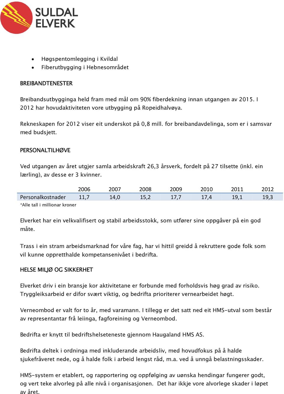 PERSONALTILHØVE Ved utgangen av året utgjer samla arbeidskraft 26,3 årsverk, fordelt på 27 tilsette (inkl. ein lærling), av desse er 3 kvinner.