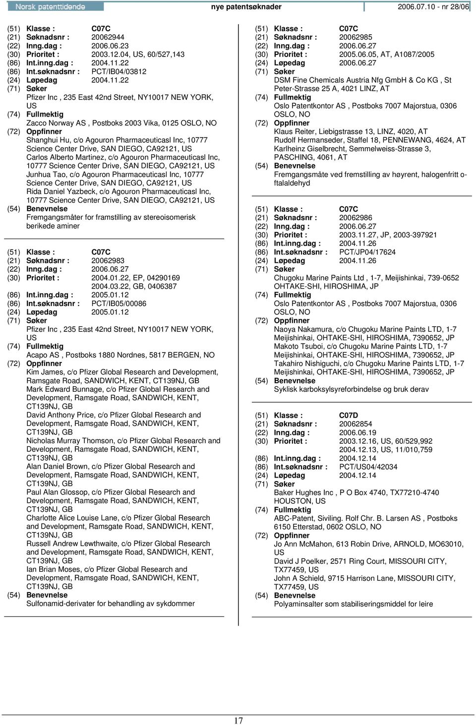 22 Pfizer Inc, 235 East 42nd Street, NY10017 NEW YORK, Zacco Norway AS, Postboks 2003 Vika, 0125 Shanghui Hu, c/o Agouron Pharmaceuticasl Inc, 10777 Science Center Drive, SAN DIEGO, CA92121, Carlos