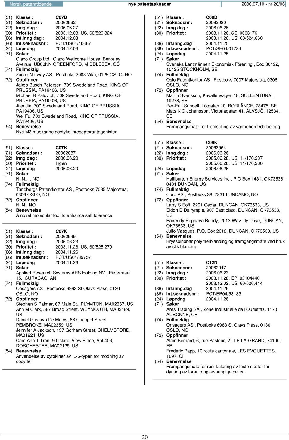 03 Glaxo Group Ltd, Glaxo Wellcome House, Berkeley Avenue, UB60NN GREENFORD, MIDDLESEX, GB Zacco Norway AS, Postboks 2003 Vika, 0125 Jakob Busch-Petersen, 709 Swedeland Road, KING OF PRSIA, PA19406,