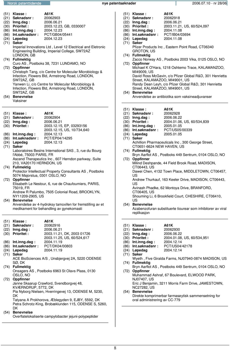 23 Imperial Innovations Ltd, Level 12 Electrical and Eletronic Engineering Building, Imperial College, SW72AZ LONDON, GB Curo AS, Postboks 38, 7231 LUNDAMO, Christoph Tang, c/o Centre for Molecular