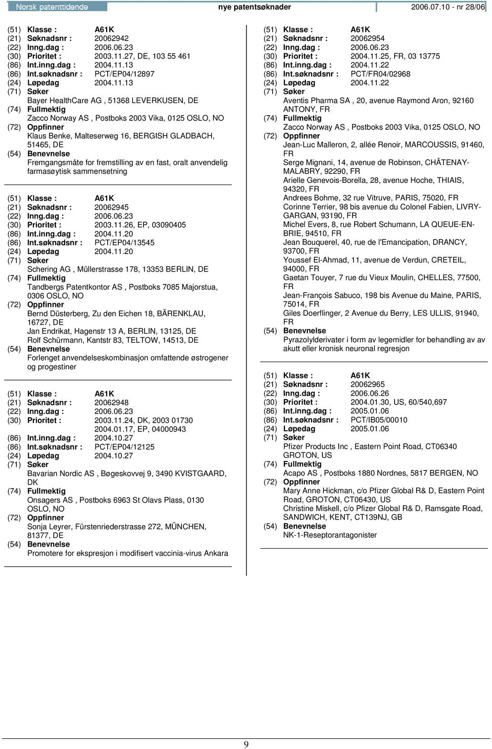 13 Bayer HealthCare AG, 51368 LEVERKEN, DE Zacco Norway AS, Postboks 2003 Vika, 0125 Klaus Benke, Malteserweg 16, BERGISH GLADBACH, 51465, DE Fremgangsmåte for fremstilling av en fast, oralt