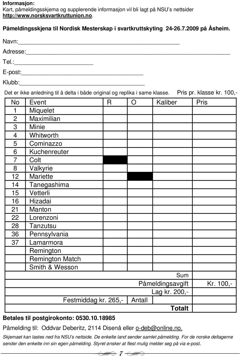 100,- No Event R O Kaliber Pris 1 Miquelet 2 Maximilian 3 Minie 4 Whitworth 5 Cominazzo 6 Kuchenreuter 7 Colt 8 Valkyrie 12 Mariette 14 Tanegashima 15 Vetterli 16 Hizadai 21 Manton 22 Lorenzoni 28