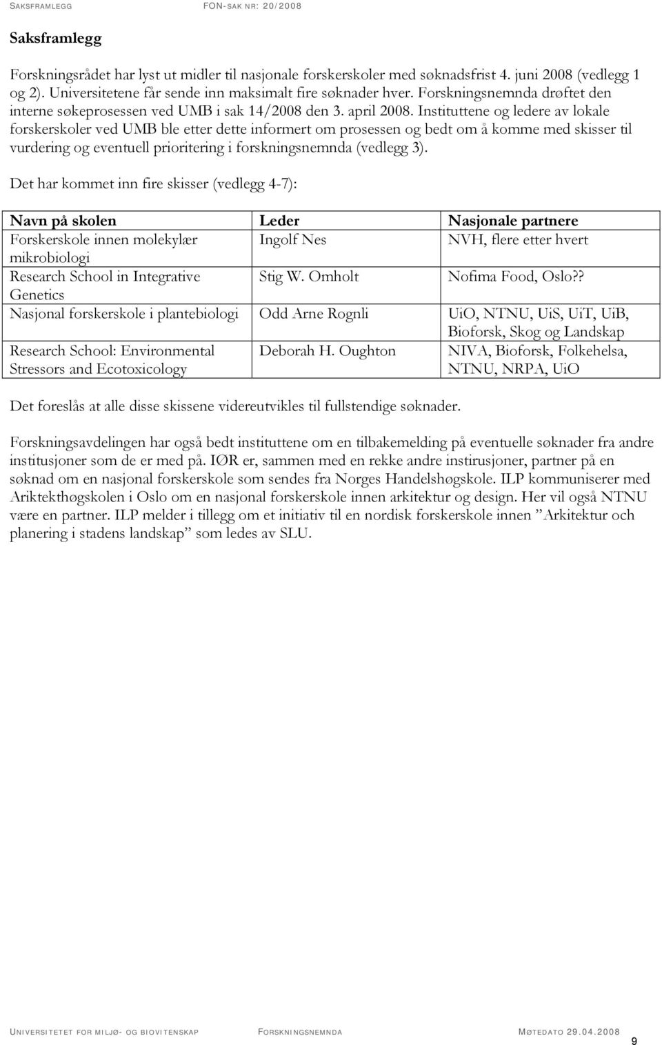 Instituttene og ledere av lokale forskerskoler ved UMB ble etter dette informert om prosessen og bedt om å komme med skisser til vurdering og eventuell prioritering i forskningsnemnda (vedlegg 3).