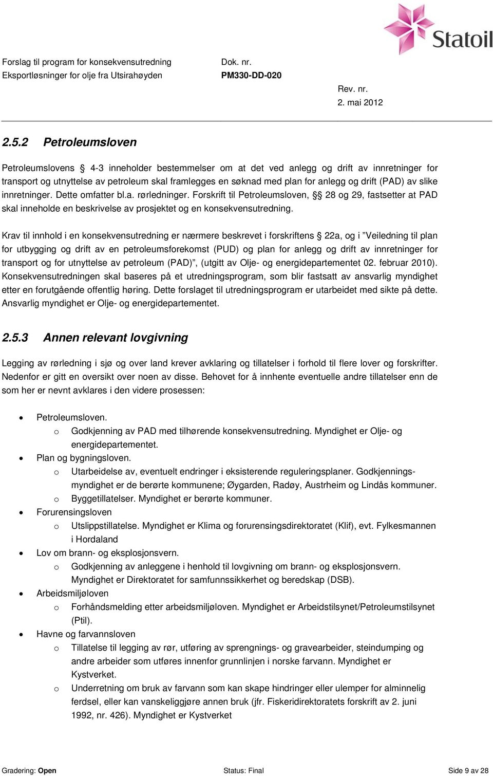 Forskrift til Petroleumsloven, 28 og 29, fastsetter at PAD skal inneholde en beskrivelse av prosjektet og en konsekvensutredning.