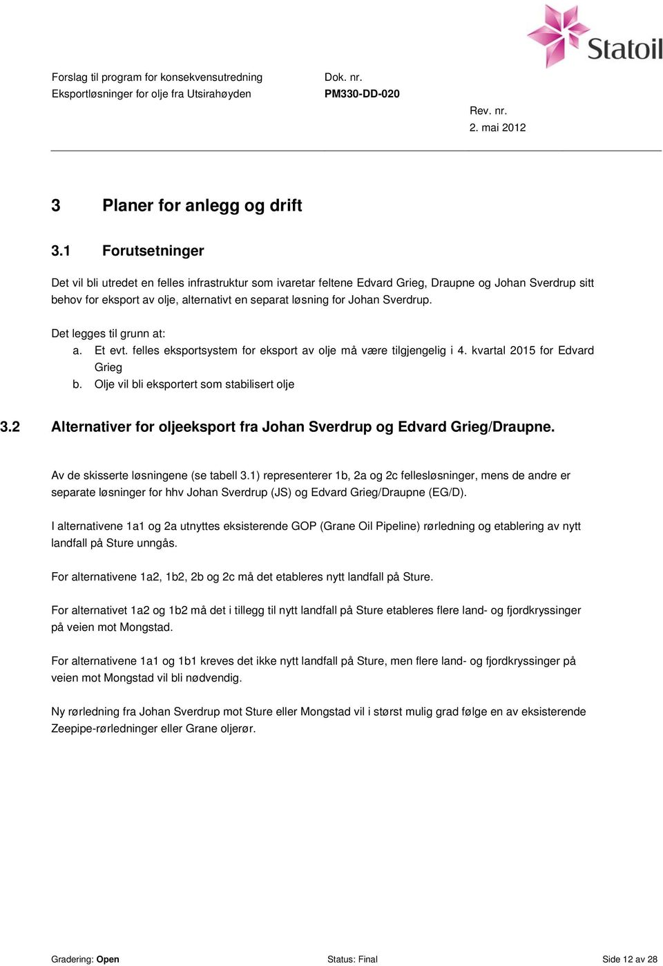 Sverdrup. Det legges til grunn at: a. Et evt. felles eksportsystem for eksport av olje må være tilgjengelig i 4. kvartal 2015 for Edvard Grieg b. Olje vil bli eksportert som stabilisert olje 3.