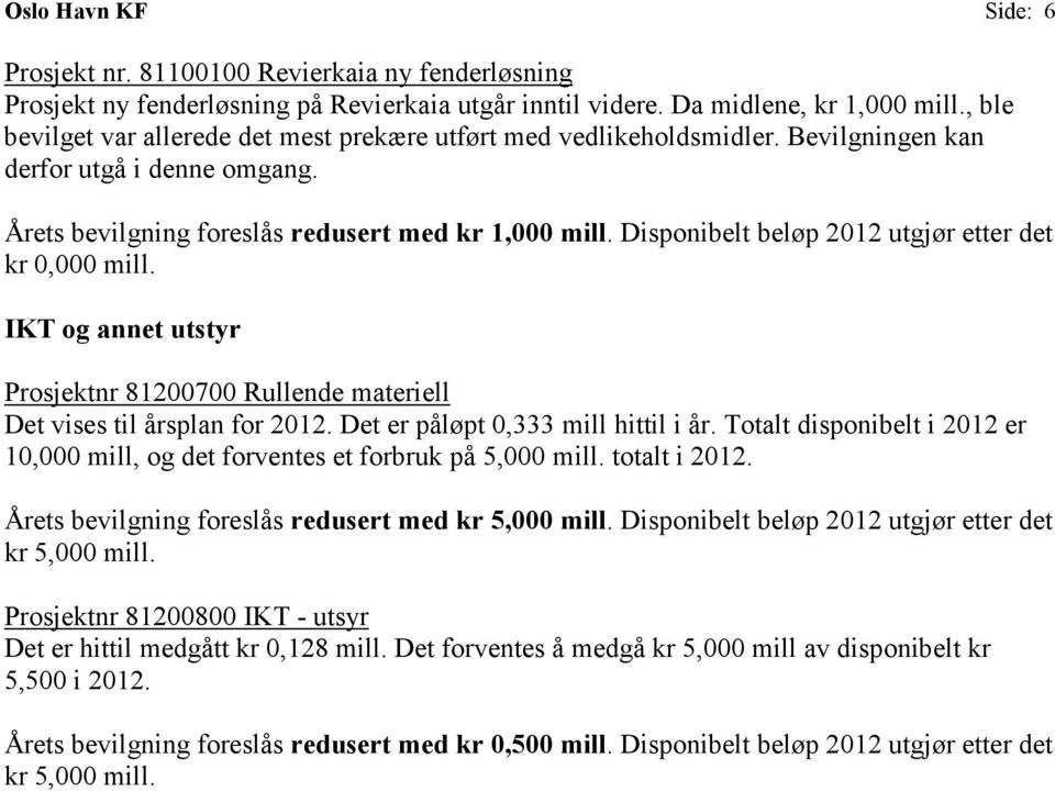 Disponibelt beløp 2012 utgjør etter det kr 0,000 mill. IKT og annet utstyr Prosjektnr 81200700 Rullende materiell Det vises til årsplan for 2012. Det er påløpt 0,333 mill hittil i år.