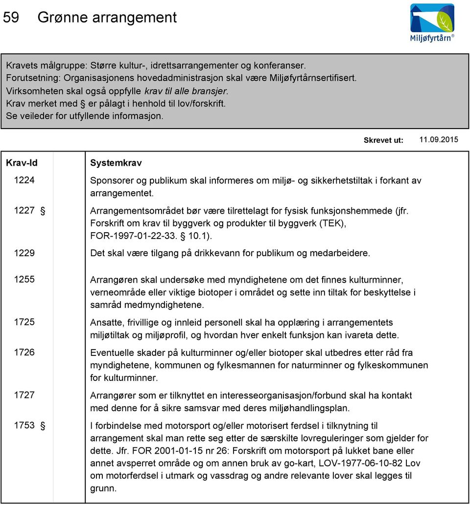 Skrevet ut: Systemkrav 1224 Sponsorer og publikum skal informeres om miljø- og sikkerhetstiltak i forkant av arrangementet.