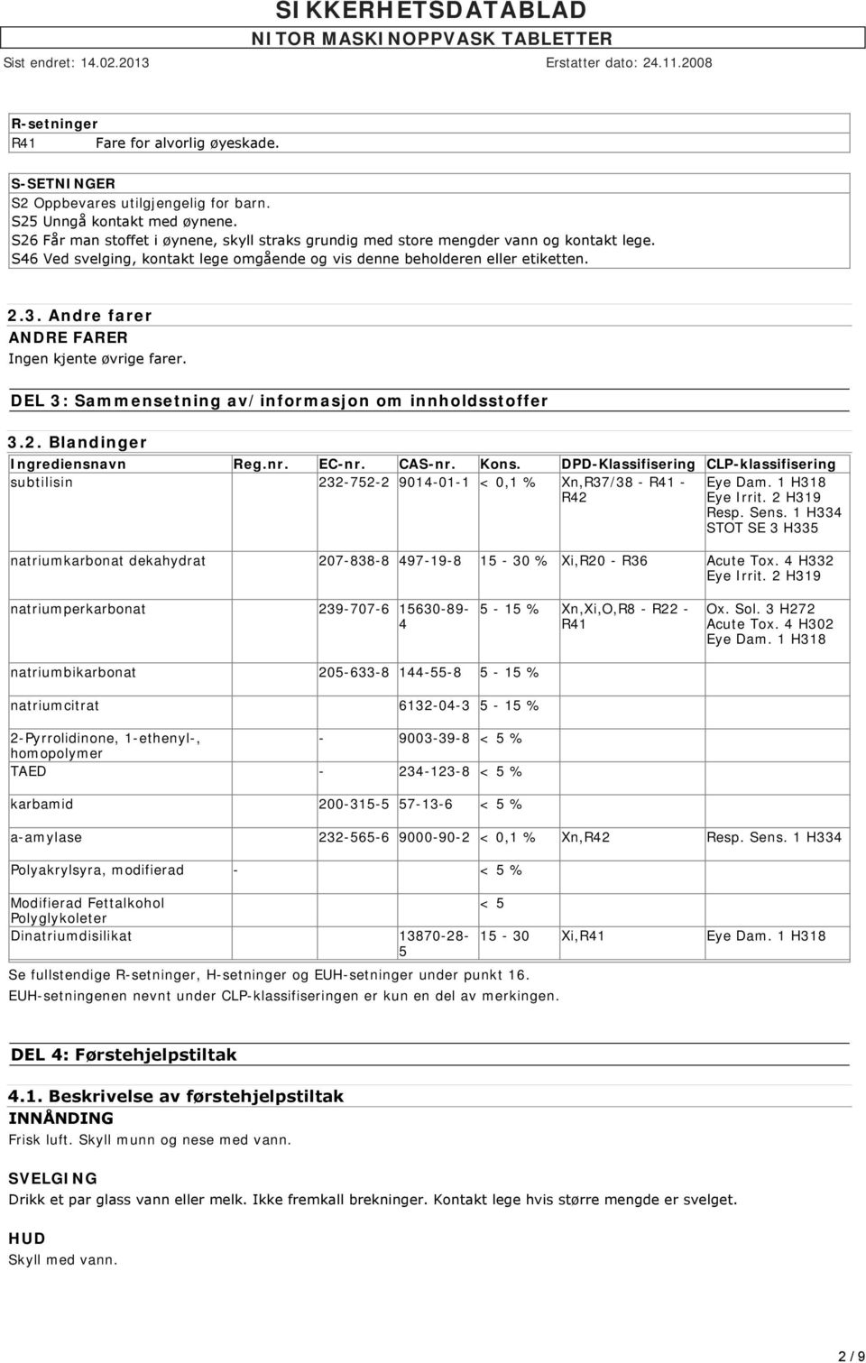 Andre farer ANDRE FARER Ingen kjente øvrige farer. DEL 3: Sammensetning av/informasjon om innholdsstoffer 3.2. Blandinger Ingrediensnavn Reg.nr. EC-nr. CAS-nr. Kons.