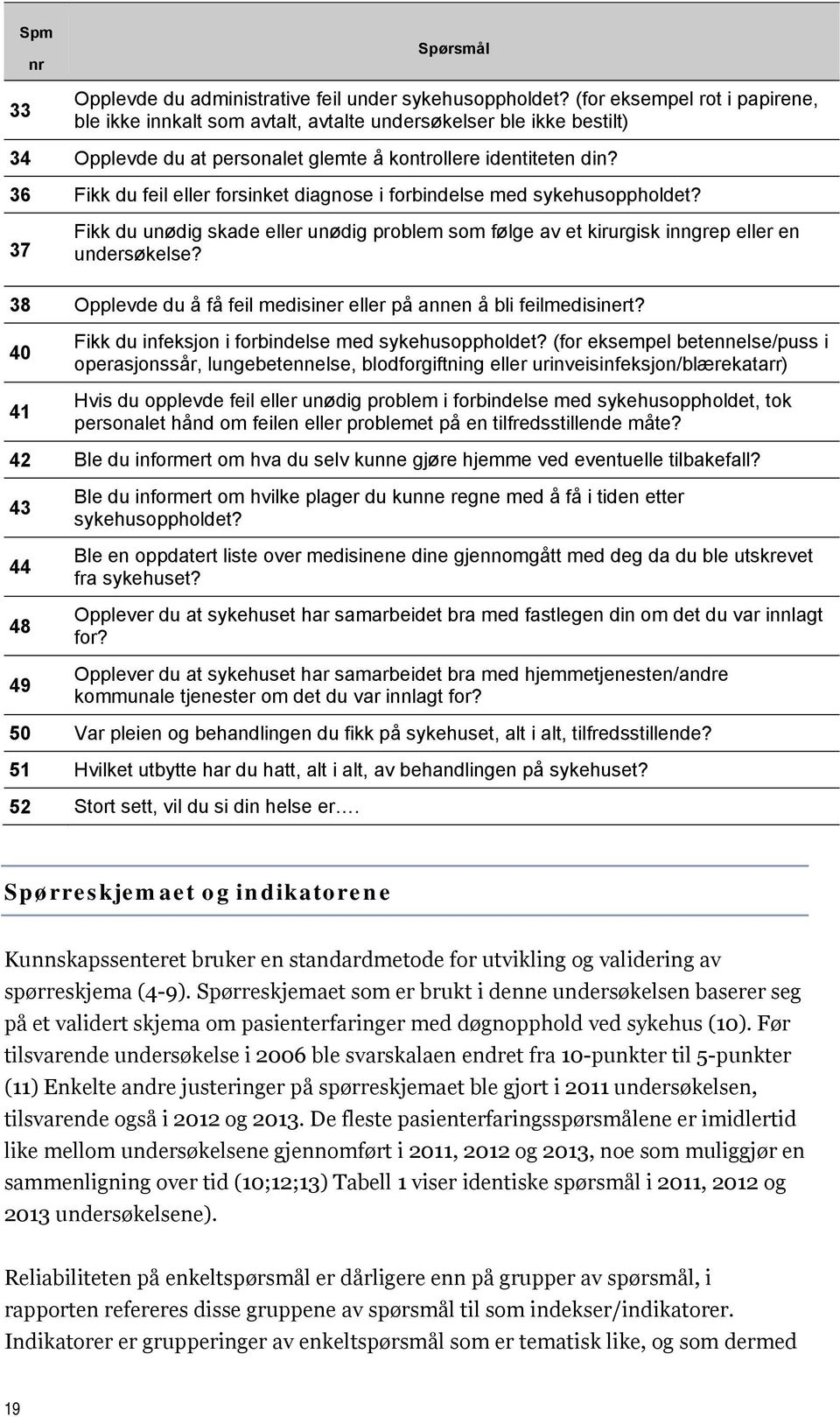 36 Fikk du feil eller forsinket diagnose i forbindelse med sykehusoppholdet? 37 Fikk du unødig skade eller unødig problem som følge av et kirurgisk inngrep eller en undersøkelse?