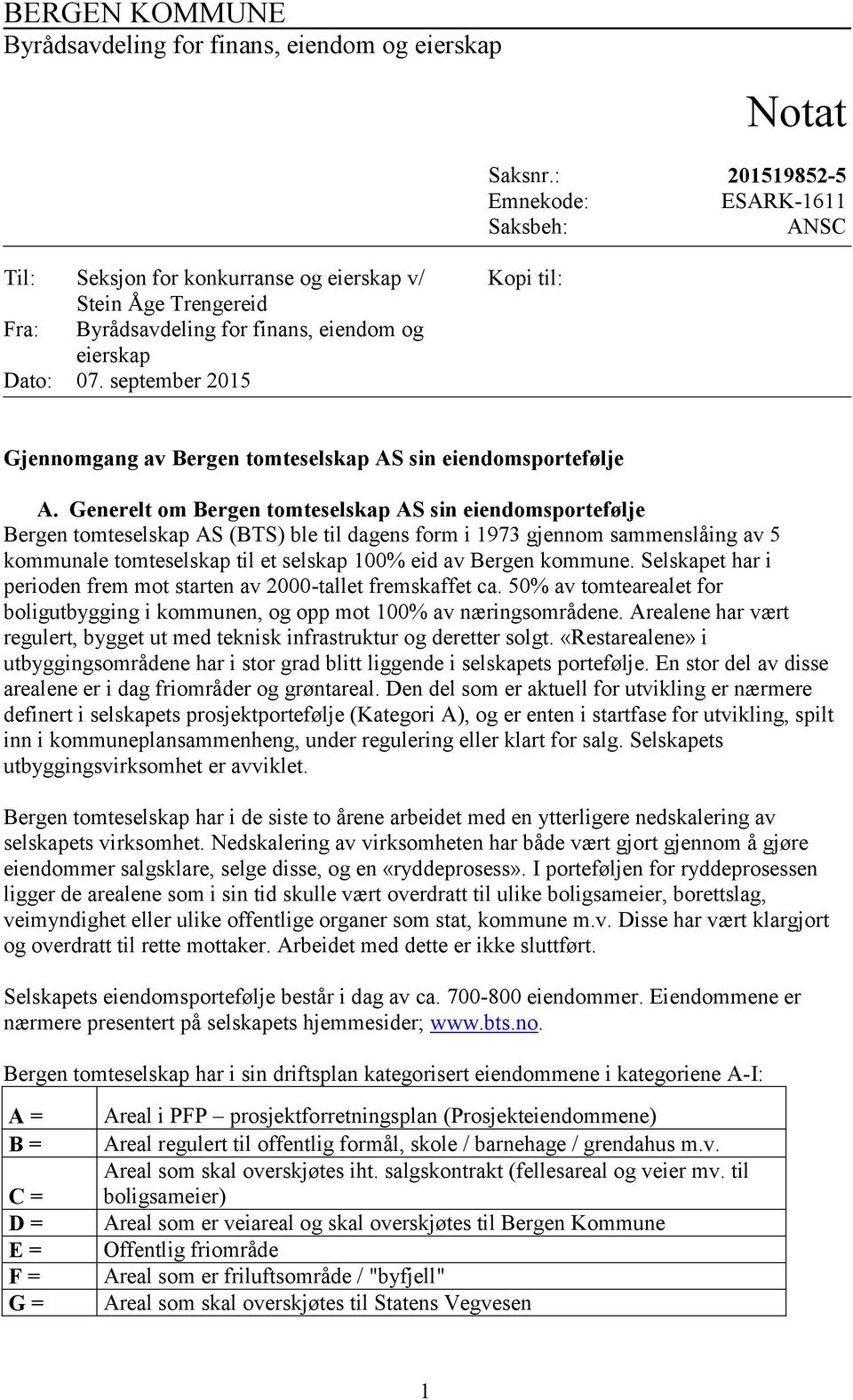 september 2015 Kopi til: Gjennomgang av Bergen tomteselskap AS sin eiendomsportefølje A.