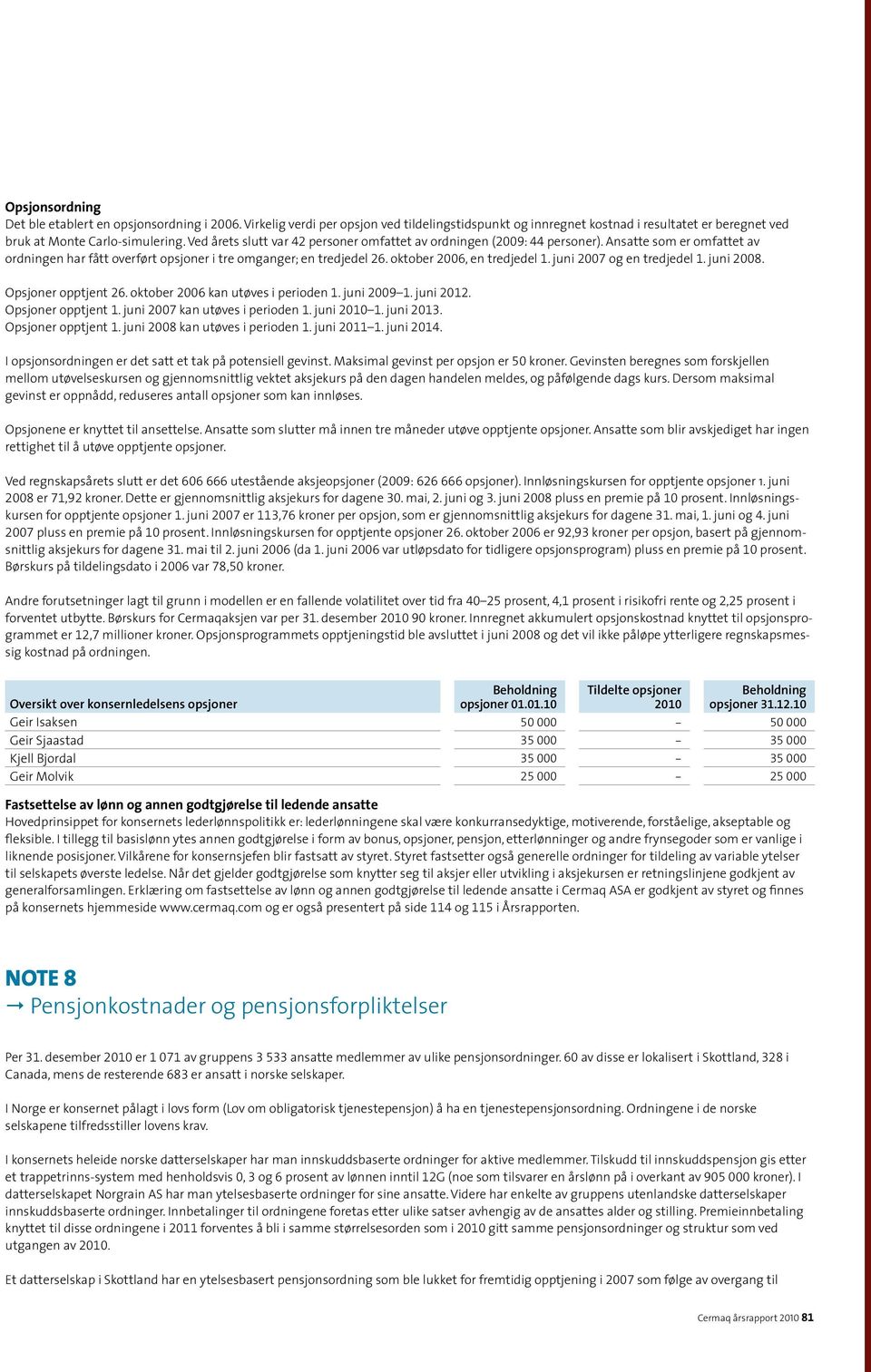 oktober 2006, en tredjedel 1. juni 2007 og en tredjedel 1. juni 2008. Opsjoner opptjent 26. oktober 2006 kan utøves i perioden 1. juni 2009 1. juni 2012. Opsjoner opptjent 1.